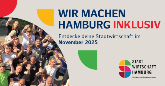 Der Banner zeigt eine Gruppe Menschen von oben, die freundlich winkt. Rechts unten befindet sich das Logo der 